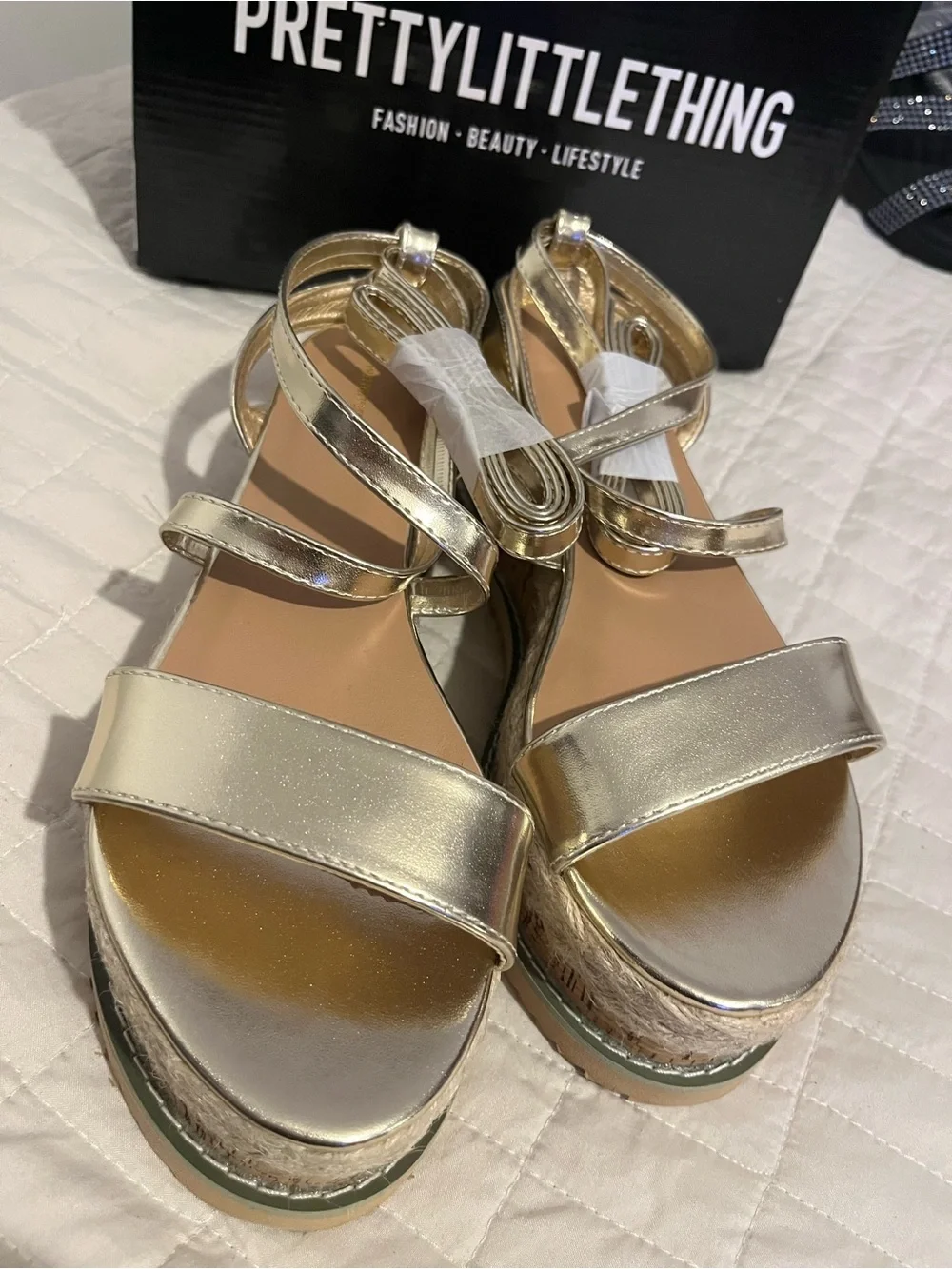 PrettyLittleThing Metallic Gold Strappy Platform Sandals